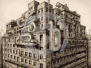 A drawing of a number on top of a building sketch cubism detailed. AI generated