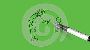 Drawing old man giving choco bar to kid in black and blue dress colour combination on abstract green background