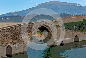 Drawing of old multi arched stone bridge