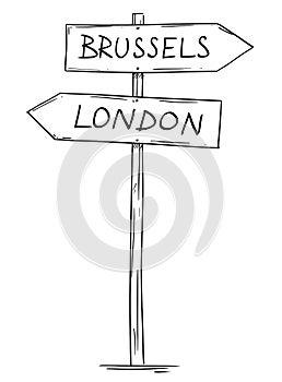 Drawing of Old Two Directional Arrow Road Sign With London and Brussels Texts