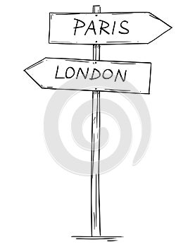 Drawing of Old Two Directional Arrow Road Sign With London and Paris Texts