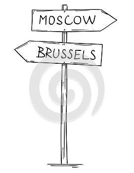Drawing of Old Two Directional Arrow Road Sign With Moscow and Brussels Texts