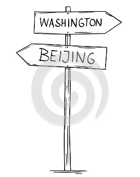 Drawing of Old Two Directional Arrow Road Sign With Washington and Beijing Texts