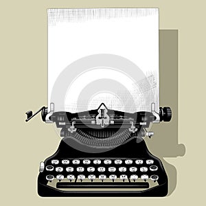 Drawing of old typewriter with a paper in black and white vintage photo