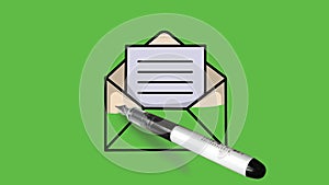 Drawing open envelop with paper in black, light brown and light grey colour combination on abstract green screen background