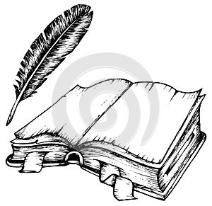 Drawing of opened book with feather