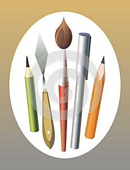 Drawing and paint tools, pencils and brushes isolated on a white background