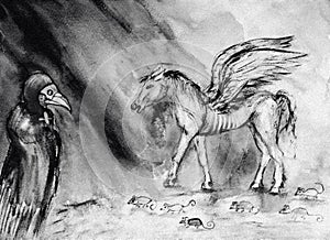Drawing of pale horse of the apocalypse in black and white.