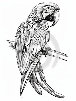 A drawing of a parrot sitting on a branch, coloring book for kids.