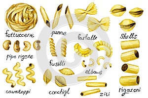 Watercolor drawing, pasta types set. cute vintage illustration, pasta, italian food. cuisines of the world