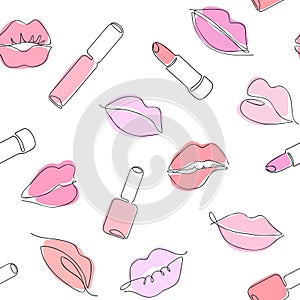 Seamless vector pattern of female lips, polish, gloss and lipstick in one continuous line style.