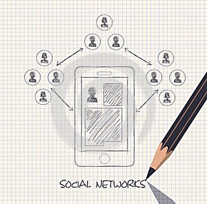 Drawing pencil scheme of social networks communication people