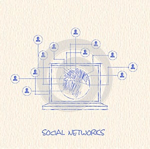 Drawing pencil scheme of social networks communication people Internet