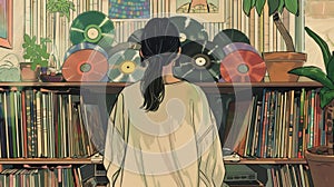 A drawing of a person sitting in front of a record collection highlighting the ritualistic and meditative experience of photo