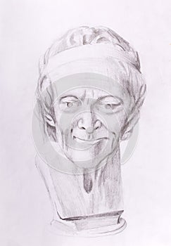 Drawing of philosopher voltaire sculpture on abstract background. photo