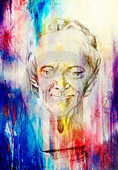 Drawing of philosopher voltaire sculpture on abstract background.
