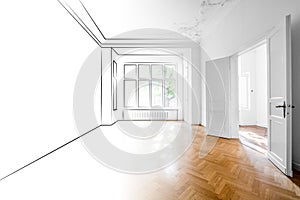 Drawing and photo of empty apartment room merged - interior design concept photo