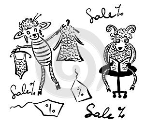 Drawing picture cartoon, husband and wife, a sheep with a sheep in a clothing store, a sheep trying on a dress of wool