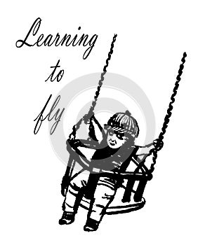 Drawing picture little child in a funny cap swings on a children`s swing with long chains, sketch illustration