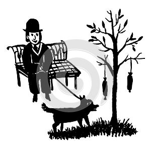 Drawing picture of a man sitting on a park bench and walking a dog by a tree on which hanging sausages, sketch,doo