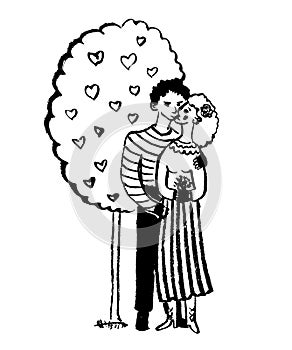 Drawing picture two lovers hugging and kissing under a tree with hearts, sketch, hand-drawn comic vector illustration