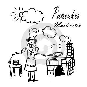 Drawing picture of a young woman with a frying pan in a chef`s hat preparing pancakes on an open fire