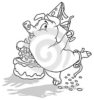 Drawing of a Piglet Celebrating a Birthday Dancing and Holding a Drink