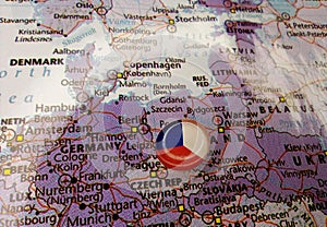 Drawing pin flag of Czech Republic on the map