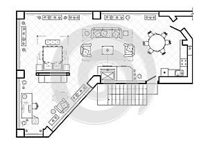 Drawing with the placement of furniture. Floor plan top view