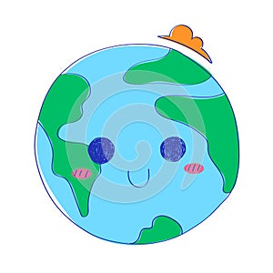 A drawing of a planet with two eyes and a hat on it. Doodle cute character of the earth.