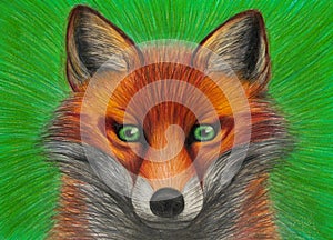 Drawing of portrait of red fox with green eyes on green background, closeup of orange animal, carnivor with beautiful colored fur