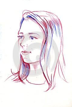 Drawing portrait of young woman. Female face. Sketch of beautiful girl.