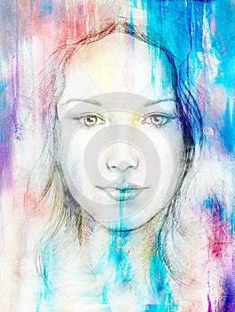 Drawing portrait Young woman with ornament on face, color painting on abstract background, computer collage. Eye contact