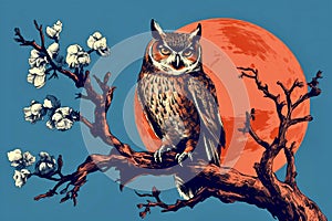 Drawing in printmaking style in which a brown serious owl sits on a branch against the background of the red moon