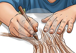 Is on the drawing process, highlighting the texture and grain pattern