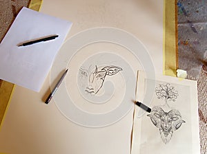 Drawing in progress, artist creating a picture step by step.