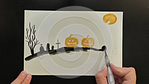 Drawing promotional halloween art picture with different colours of inks, timelapse, sales season