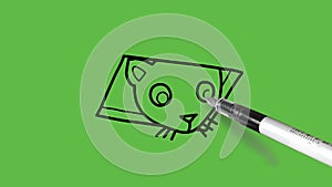 Drawing a pussy cat in black, brown, grey, pink and white color combination at abstract green background
