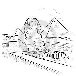 Drawing pyramids and Sphinx in Giza, Egypt