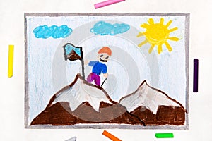 Drawing: Reaching the summit of a mountain.