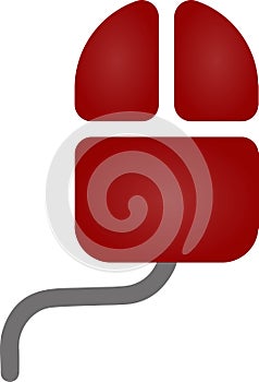 The drawing of a red computer mouse, a hardware input device used by hand. Illustration, vector or cartoon.