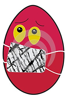 Drawing of a red Easter egg with a protective mask against Coronavir. Cartoon egg with respirator and sad expression. Easter and