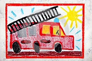 Drawing: red fire truck with a ladder