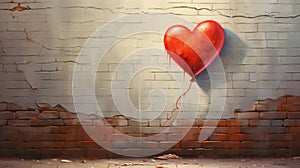 Drawing of a red heart shaped balloon on a brick wall. Valentine\'s day concept.