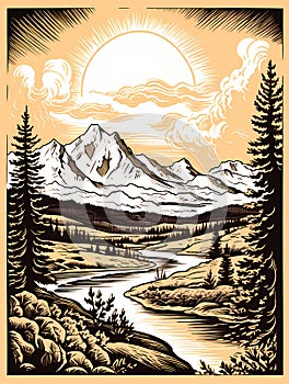A Drawing Of A River And Mountains, Denali National Park and Preserve