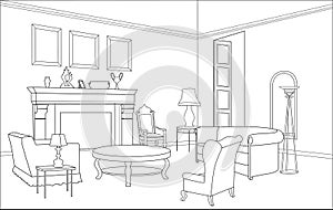 Drawing-room with fireplace. Editable furniture. Interior in retro style