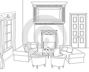 Drawing-room with fireplace. Editable vector furniture. Interior in retro style