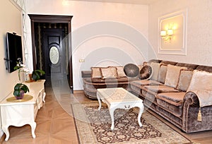 Drawing room interior in light tones, modern classics