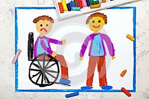 Drawing: Sad boy sitting on his wheelchair. Disabled boy and his healthy friend