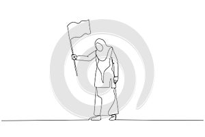 Drawing of sad muslim woman enterpreneur waving white flag metaphor of surrender and give up. Continuous line art